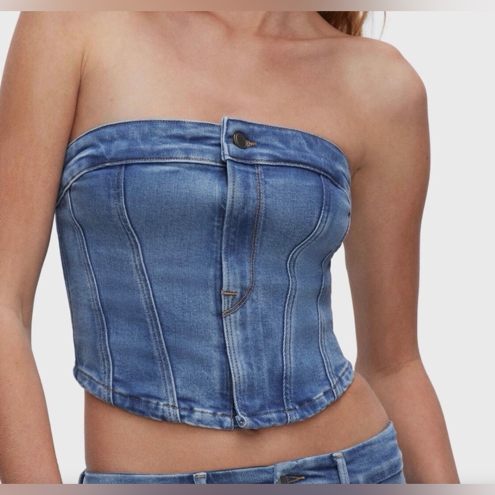 Good American Blue Denim Strapless Corset Top